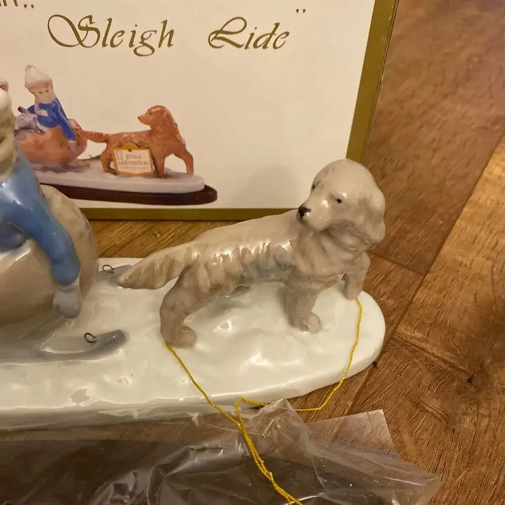 Paul Sebastian‎ Figurine Sleigh Ride With Dog Porcelain With Wood Base Vintage